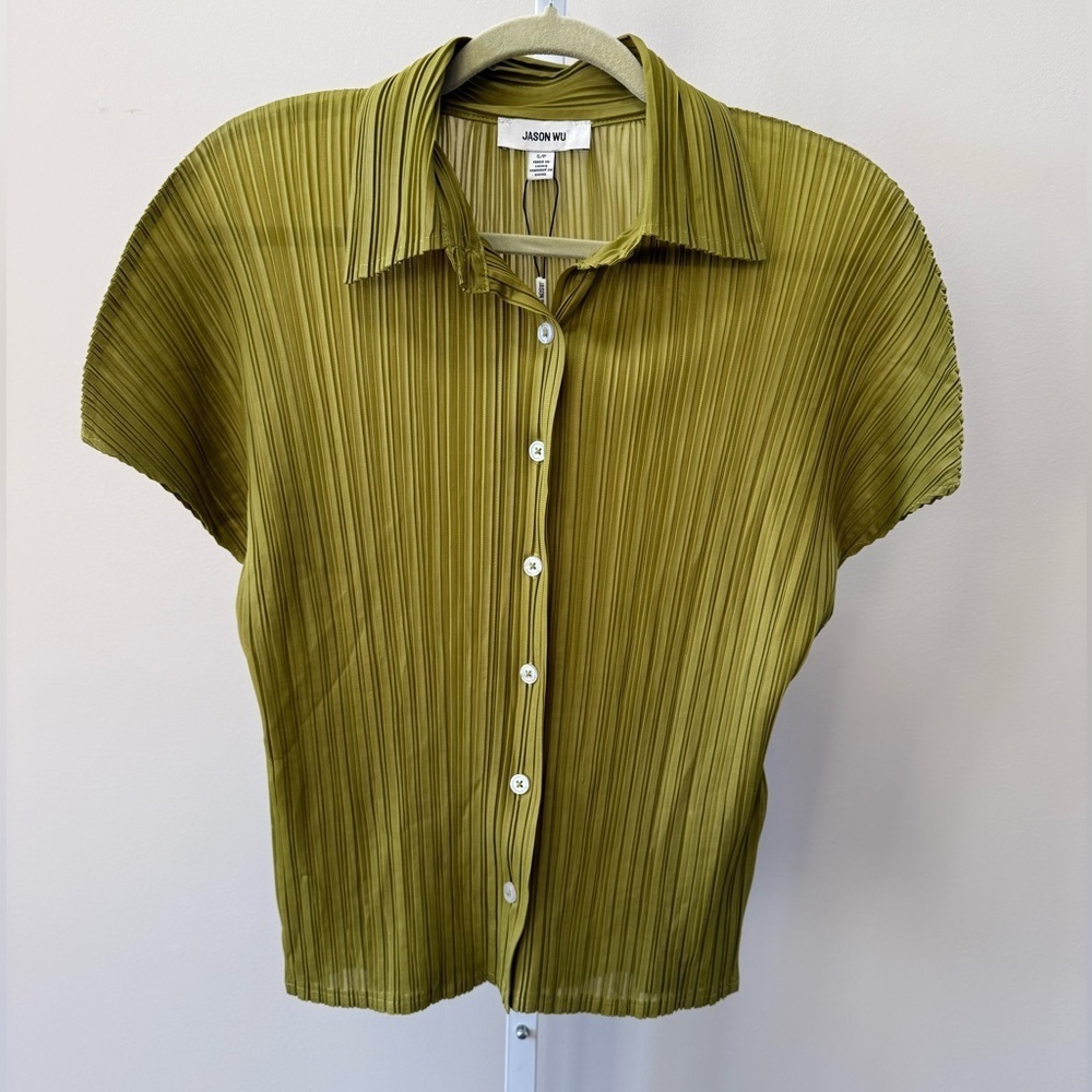 Jason Wu Olive Green Pleated Button Down Shirt Top Cap Sleeve Women’s S